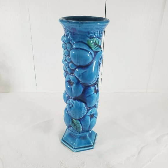 Vintage Inarco Pottery Blue Mood Indigo 8" Bud Vase E 3096 signed gold labels - Picture 7 of 11